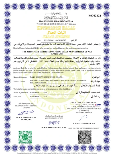 Halal certificate for Tianshun Hangzhou Food Co Ltd valid through 22 November 2026